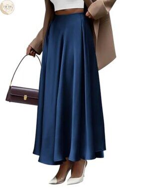 Satin Maxi Skirt High Waisted A-Line Pleated Hem Flowy